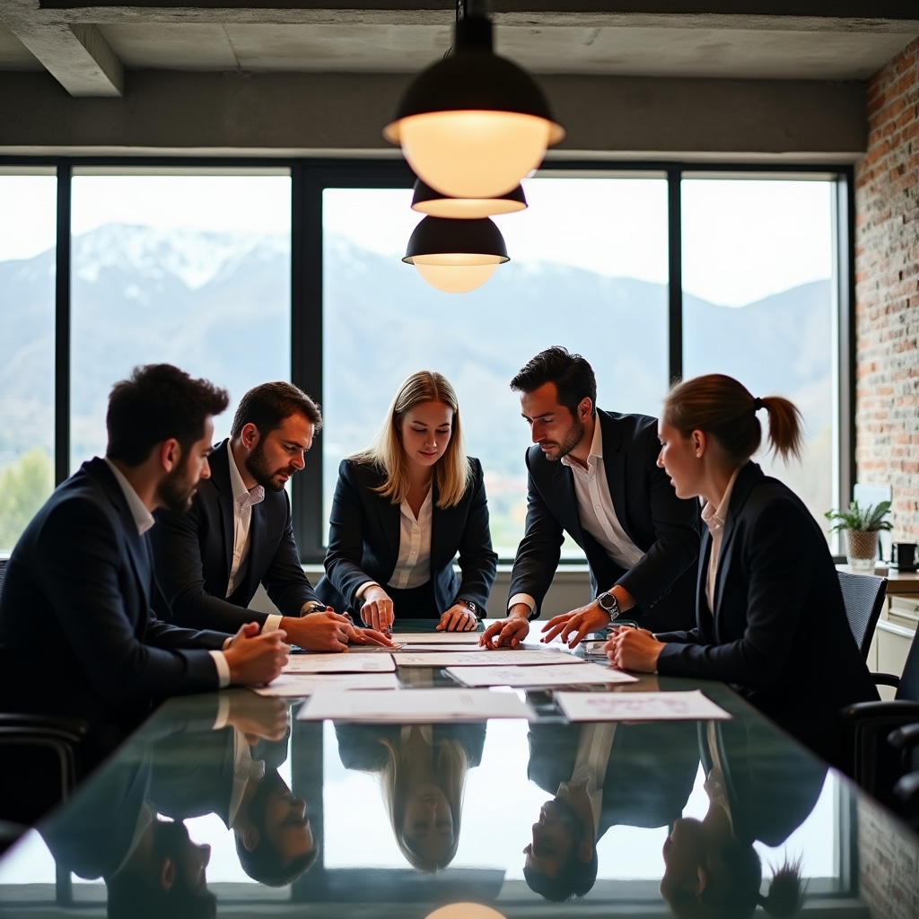 Professional business meeting in modern Argentine office with diverse team collaborating