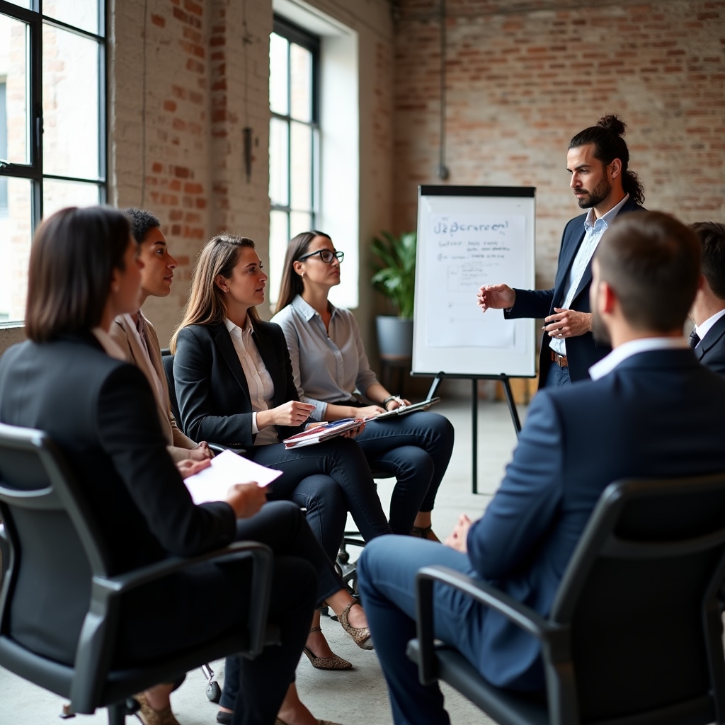 Diverse group of professionals engaged in collaborative communication workshop with facilitator