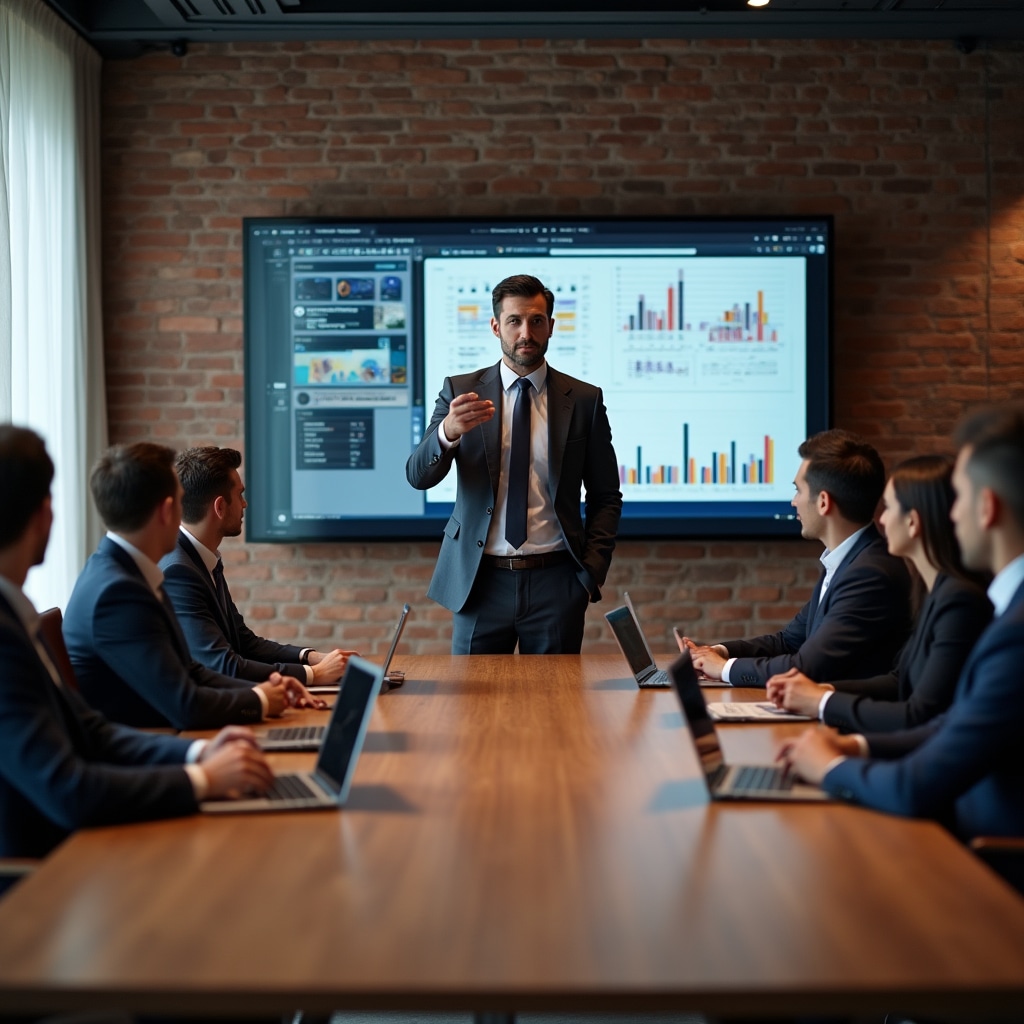 Executive delivering confident presentation to board members in modern boardroom setting