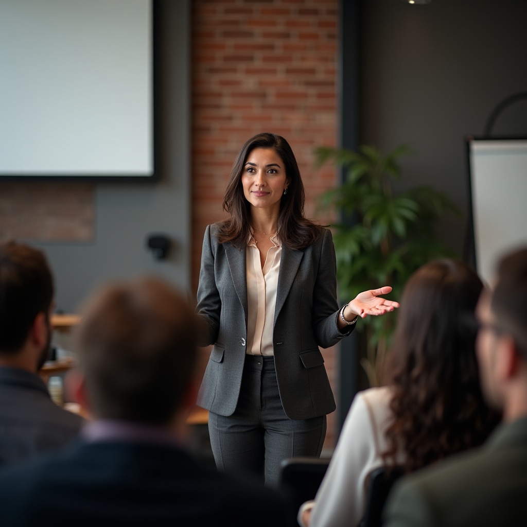 Professional speaker presenting confidently on stage with engaged audience