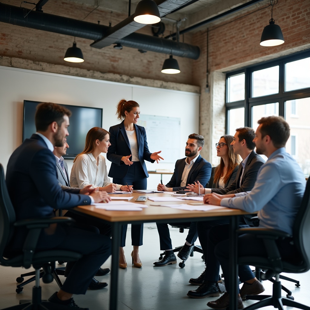 Diverse team engaged in productive meeting discussion with professional facilitating conversation