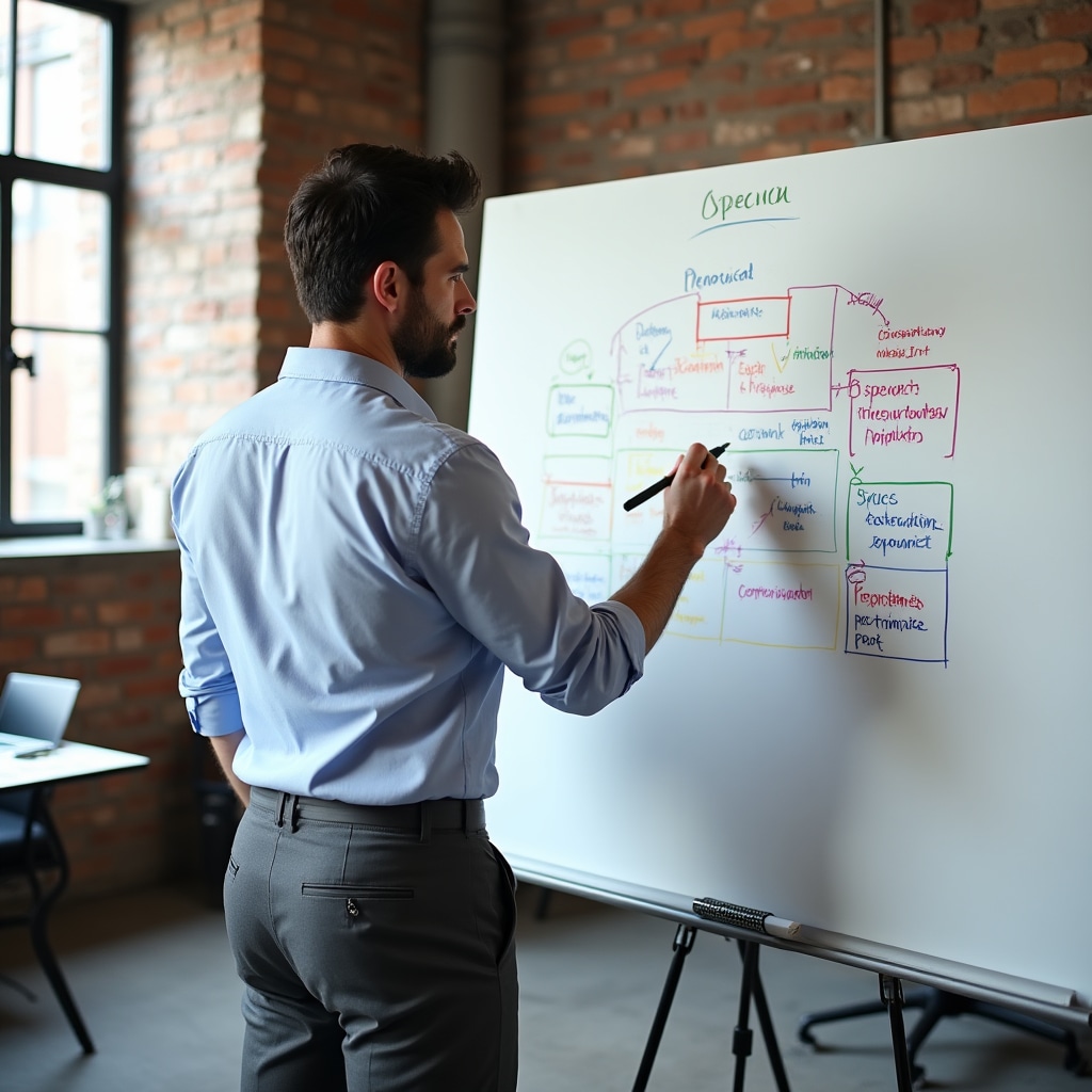 Professional mapping out presentation structure on whiteboard during planning session