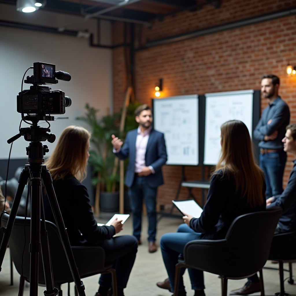 Workshop participant practicing presentation skills with video recording setup and receiving real-time feedback